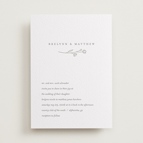 This is a ash letterpress wedding invitations with letterpress by Jennifer Postorino called essence printing on somerset500 in standard