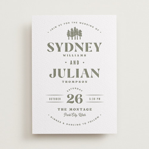 This is a moss letterpress wedding invitations with letterpress by Robert and Stella called sequoia printing on somerset500 in standard