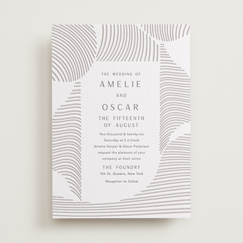 This is a dove grey letterpress wedding invitations with letterpress by Elly called waves printing on somerset500 in standard