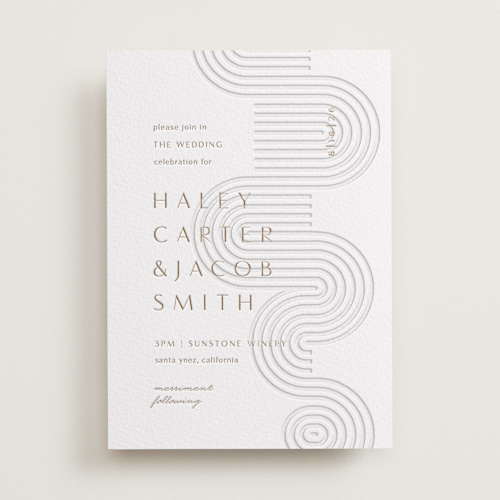 This is a matte gold letterpress wedding invitations with letterpress by Alaina Cherup called bonseki printing on somerset500 in standard