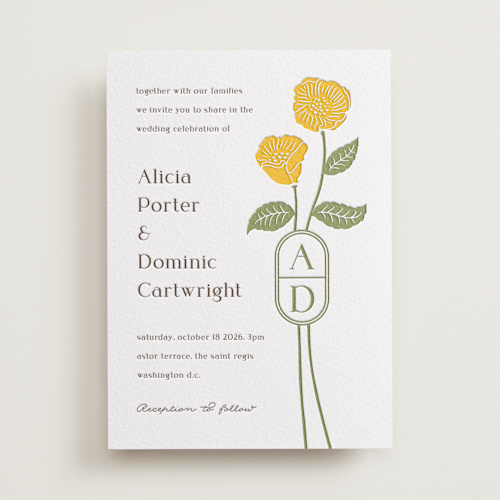 This is a coffee letterpress wedding invitations with letterpress by Jessica Yeo called cottage flowers printing on somerset500 in standard