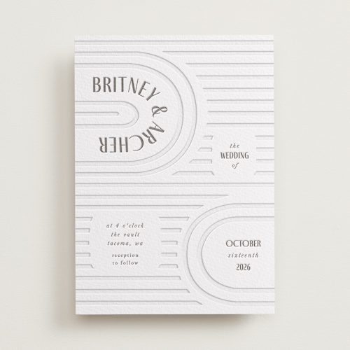 This is a warm gray letterpress wedding invitations with letterpress by Itsy Belle Studio called hilo printing on somerset500 in standard