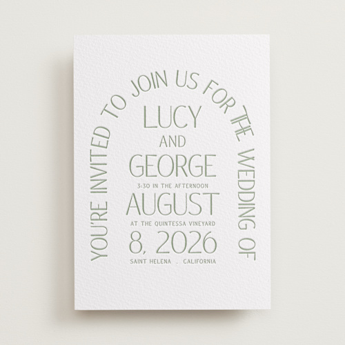This is a mint letterpress wedding invitations with letterpress by Angela Thompson called romance arch printing on somerset500 in standard