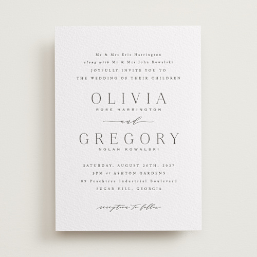 This is a soft black letterpress wedding invitations with letterpress by Hooray Creative called classy type printing on somerset500 in standard
