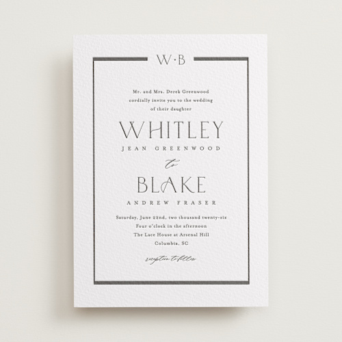 This is a black letterpress wedding invitations with letterpress by Stacey Meacham called luster printing on somerset500 in standard