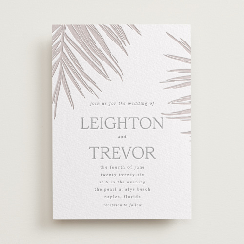 This is a ash letterpress wedding invitations with letterpress by Melinda Denison called gilded palm printing on somerset500 in standard
