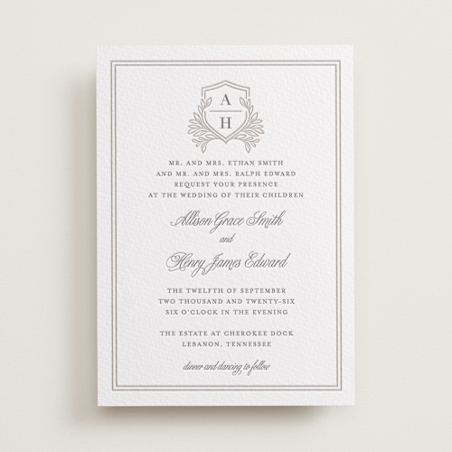 This is a cement letterpress wedding invitations with letterpress by Mansi Verma called chic monogram printing on somerset500 in standard