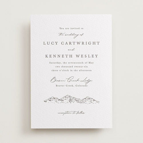 This is a graphite letterpress wedding invitations with letterpress by Sarah Brown called mountainview printing on somerset500 in standard