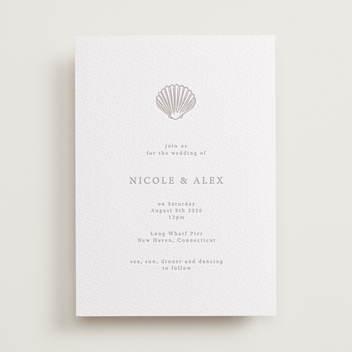 This is a dove grey letterpress wedding invitations with letterpress by Hannah Bowman called simple seashell printing on somerset500 in standard
