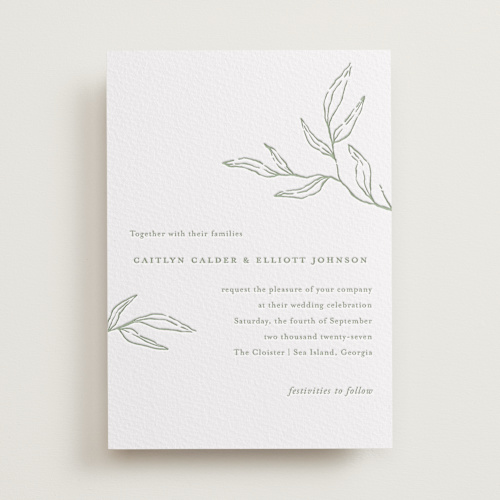 This is a mint letterpress wedding invitations with letterpress by Oscar and Emma - Karly Depew called amidst nature printing on somerset500 in standard