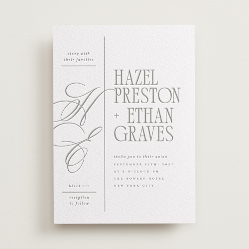 This is a ash letterpress wedding invitations with letterpress by Everett Paper Goods called sidebar printing on somerset500 in standard