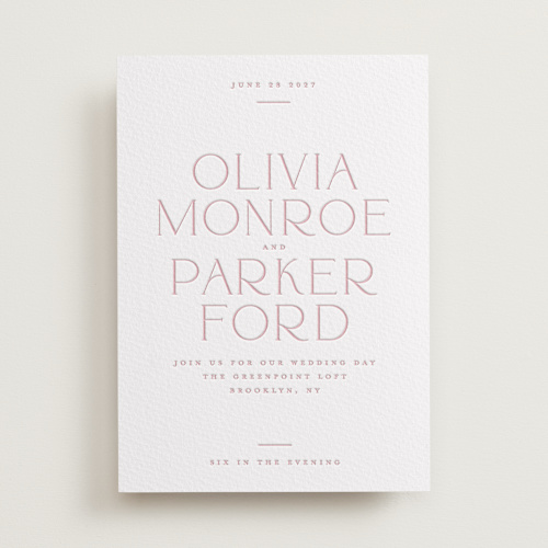 This is a classic pink letterpress wedding invitations with letterpress by Kristie Kern called monroe printing on somerset500 in standard
