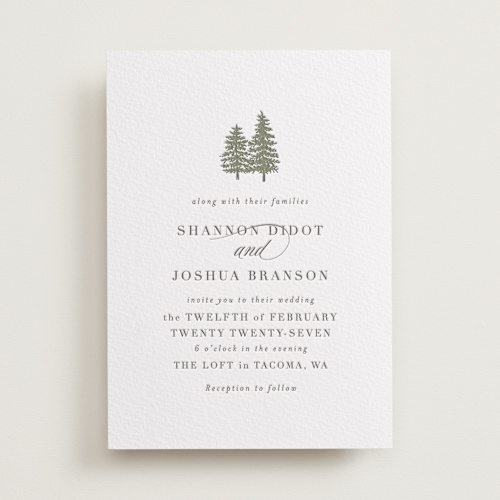 This is a olive letterpress wedding invitations with letterpress by Itsy Belle Studio called evergreens printing on somerset500 in standard