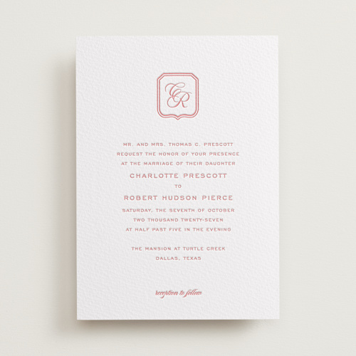 This is a rose letterpress wedding invitations with letterpress by Megan Davis called bowery printing on somerset500 in standard