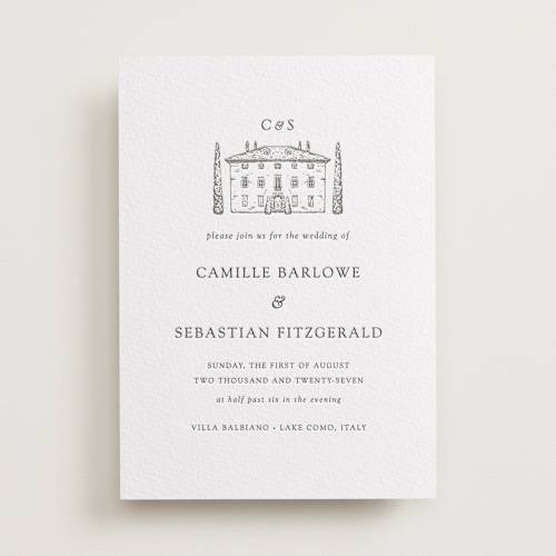 This is a warm gray letterpress wedding invitations with letterpress by Melinda Denison called italian countryside printing on somerset500 in standard