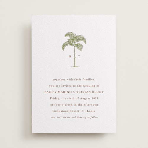 This is a pistachio letterpress wedding invitations with letterpress by Melinda Denison called palm printing on somerset500 in standard