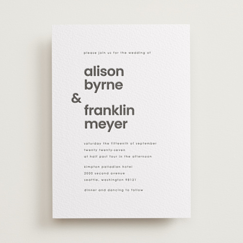 This is a soft black letterpress wedding invitations with letterpress by JoAnn Jinks called min mod printing on somerset500 in standard