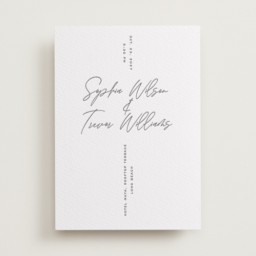 This is a charcoal letterpress wedding invitations with letterpress by Owl and Toad called terrace printing on somerset500 in standard