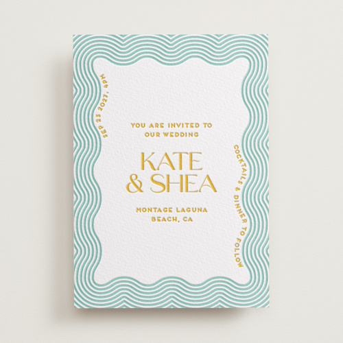 This is a seafoam letterpress wedding invitations with letterpress by Claudia Orengo called good vibes printing on somerset500 in standard