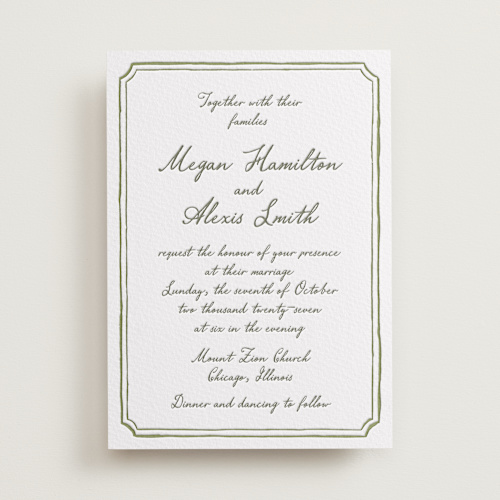 This is a moss letterpress wedding invitations with letterpress by Cass Loh called handwritten printing on somerset500 in standard