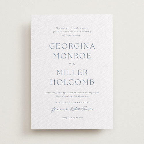 This is a provincial blue letterpress wedding invitations with letterpress by Stacey Meacham called modern air printing on somerset500 in standard