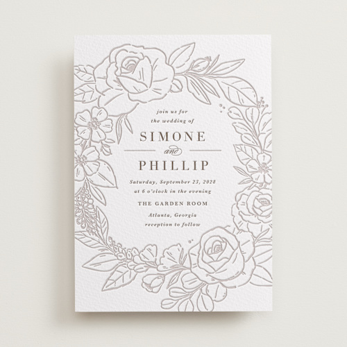 This is a coffee letterpress wedding invitations with letterpress by Kristen Smith called sketched blooms printing on somerset500 in standard