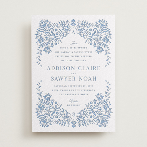This is a provincial blue letterpress wedding invitations with letterpress by Erin German called sweet garden printing on somerset500 in standard