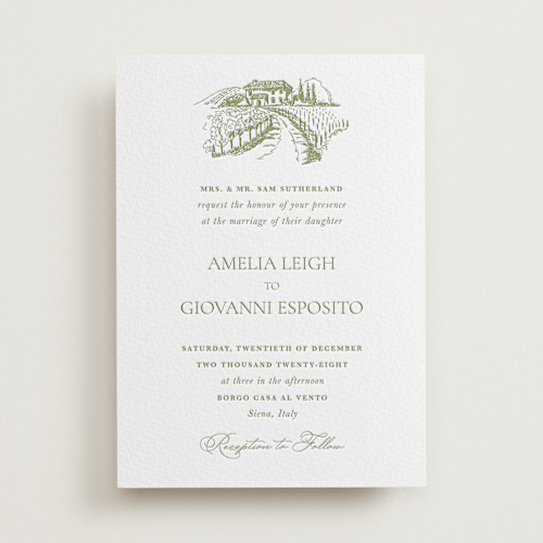 This is a pistachio letterpress wedding invitations with letterpress by Lucrecia Caporale called vineyard elegance printing on somerset500 in standard