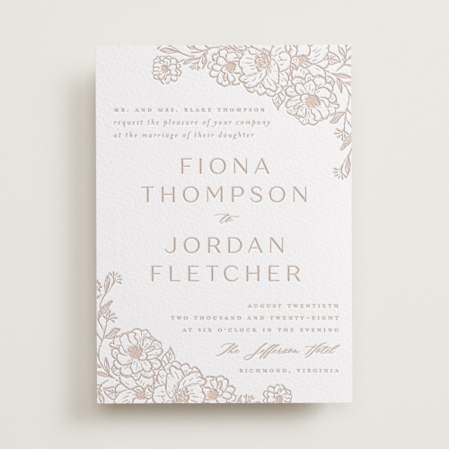 This is a latte letterpress wedding invitations with letterpress by Vera Lim called camellia.. printing on somerset500 in standard