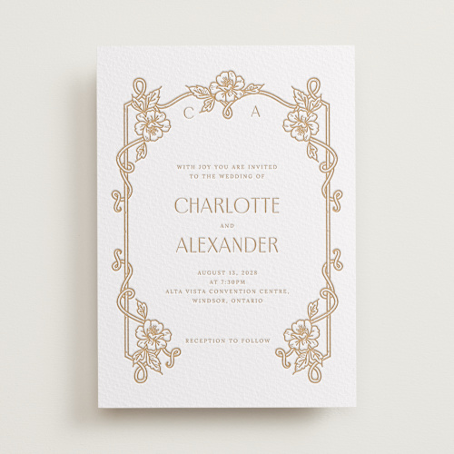 This is a faux gold letterpress wedding invitations with letterpress by Selima Akhter called nouveau peony printing on somerset500 in standard