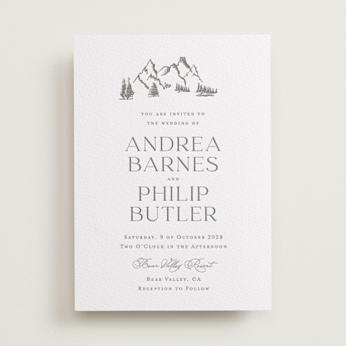 This is a graphite letterpress wedding invitations with letterpress by Lucrecia Caporale called mountain serenity printing on somerset500 in standard