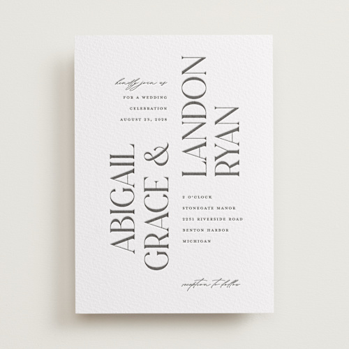 This is a soft black letterpress wedding invitations with letterpress by Pixel and Hank called tallest printing on somerset500 in standard