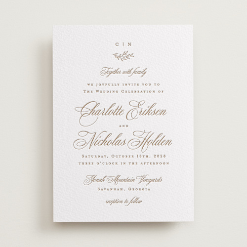 This is a matte gold letterpress wedding invitations with letterpress by Hooray Creative called vineyard script printing on somerset500 in standard