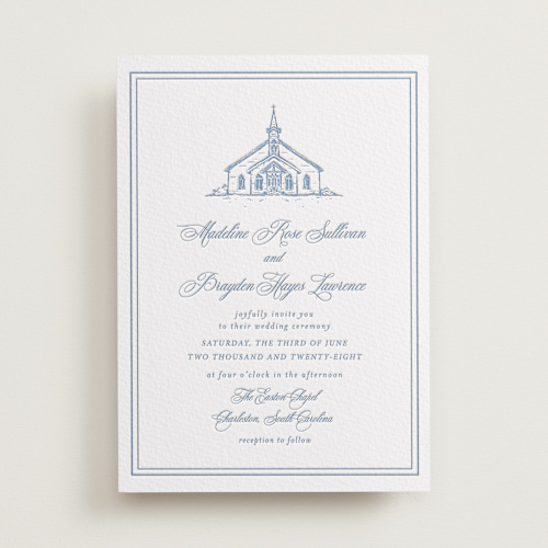 This is a provincial blue letterpress wedding invitations with letterpress by Melinda Denison called the chapel printing on somerset500 in standard