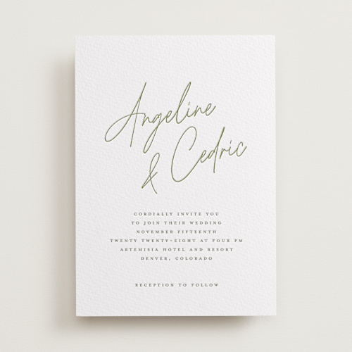 This is a moss letterpress wedding invitations with letterpress by chocomocacino called angeline printing on somerset500 in standard