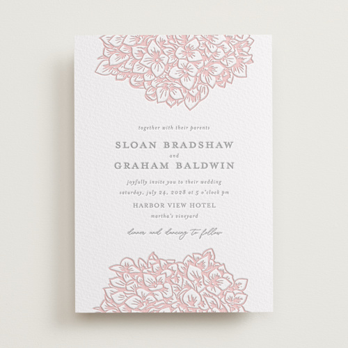 This is a blush letterpress wedding invitations with letterpress by Paula Pecevich called hydrangea blooms printing on somerset500 in standard