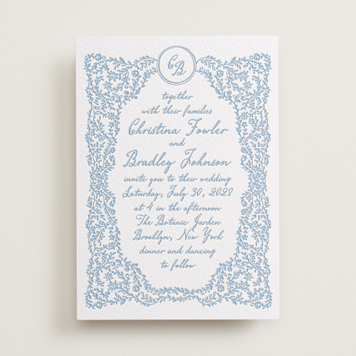 This is a sky blue letterpress wedding invitations with letterpress by Creo Study called garden romance printing on somerset500 in standard