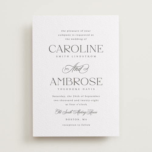 This is a soft black letterpress wedding invitations with letterpress by Olivia Raufman called ambrose printing on somerset500 in standard