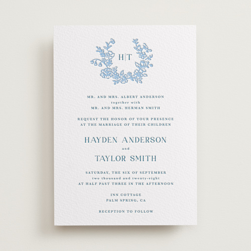 This is a sky blue letterpress wedding invitations with letterpress by Cass Loh called flowers monogram printing on somerset500 in standard