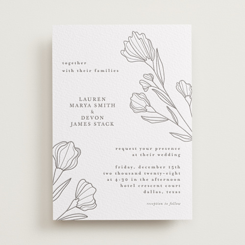 This is a graphite letterpress wedding invitations with letterpress by Deynaaz Daraei called bouvardia printing on somerset500 in standard