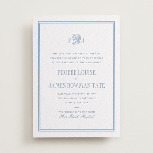 This is a sky blue letterpress wedding invitations with letterpress by Megan Davis called cheseapeake printing on somerset500 in standard