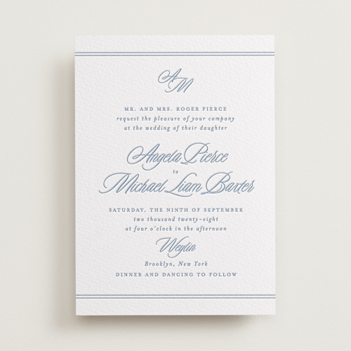 This is a provincial blue letterpress wedding invitations with letterpress by Creo Study called stately printing on somerset500 in standard