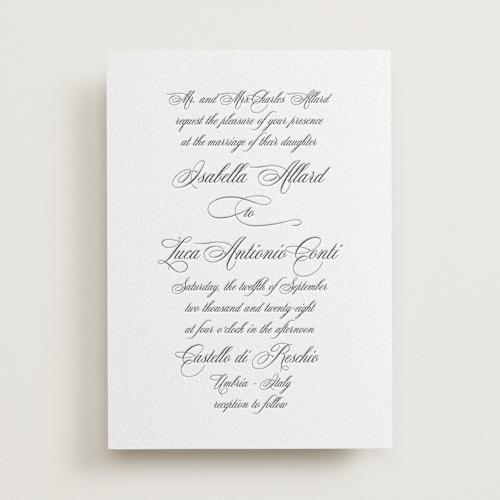 This is a soft black letterpress wedding invitations with letterpress by Benita Crandall called palazzo printing on somerset500 in standard