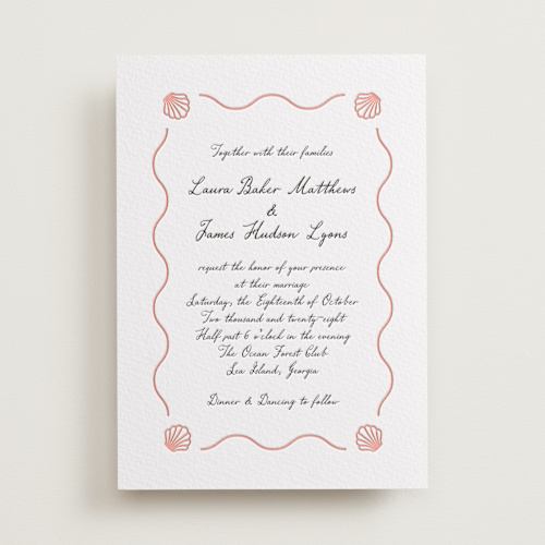 This is a peach letterpress wedding invitations with letterpress by Alston Foster called ocean love printing on somerset500 in standard