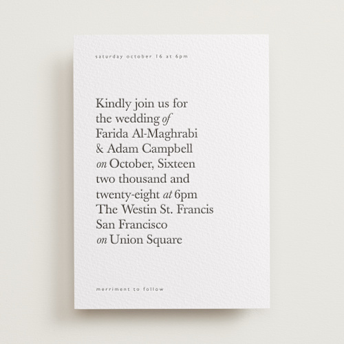 This is a soft black letterpress wedding invitations with letterpress by Hudson meet Rose called westin printing on somerset500 in standard