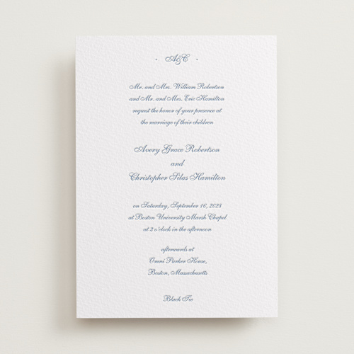 This is a provincial blue letterpress wedding invitations with letterpress by Blustery August called villa printing on somerset500 in standard