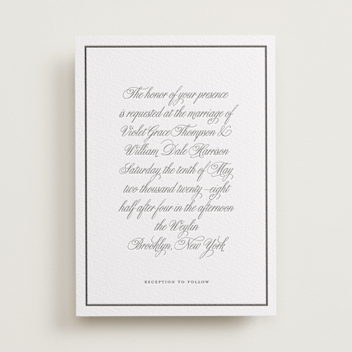 This is a soft black letterpress wedding invitations with letterpress by mo kelley called the day printing on somerset500 in standard