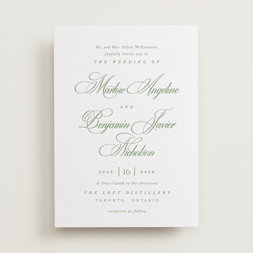 This is a cucumber letterpress wedding invitations with letterpress by Kelly Schmidt called chic script printing on somerset500 in standard