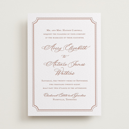 This is a dusty rose letterpress wedding invitations with letterpress by Jennifer Postorino called avery printing on somerset500 in standard