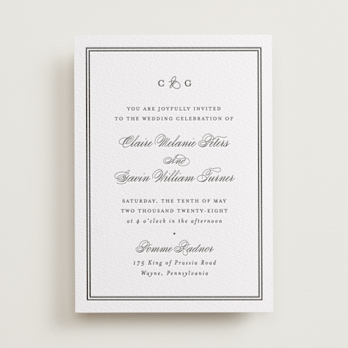 This is a soft black letterpress wedding invitations with letterpress by Carolyn MacLaren called timeless together printing on somerset500 in standard